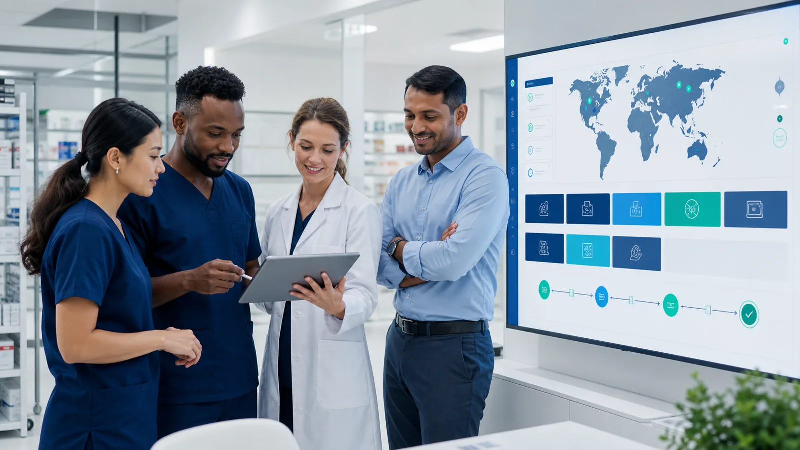 Pharmacy operations team reviewing a multi-market pharmacy network